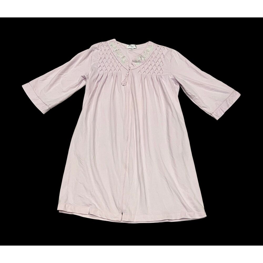 Miss Elaine for Dillards Smocked Zip-Up Robe Embroidered Floral Pink Robe Sz XL